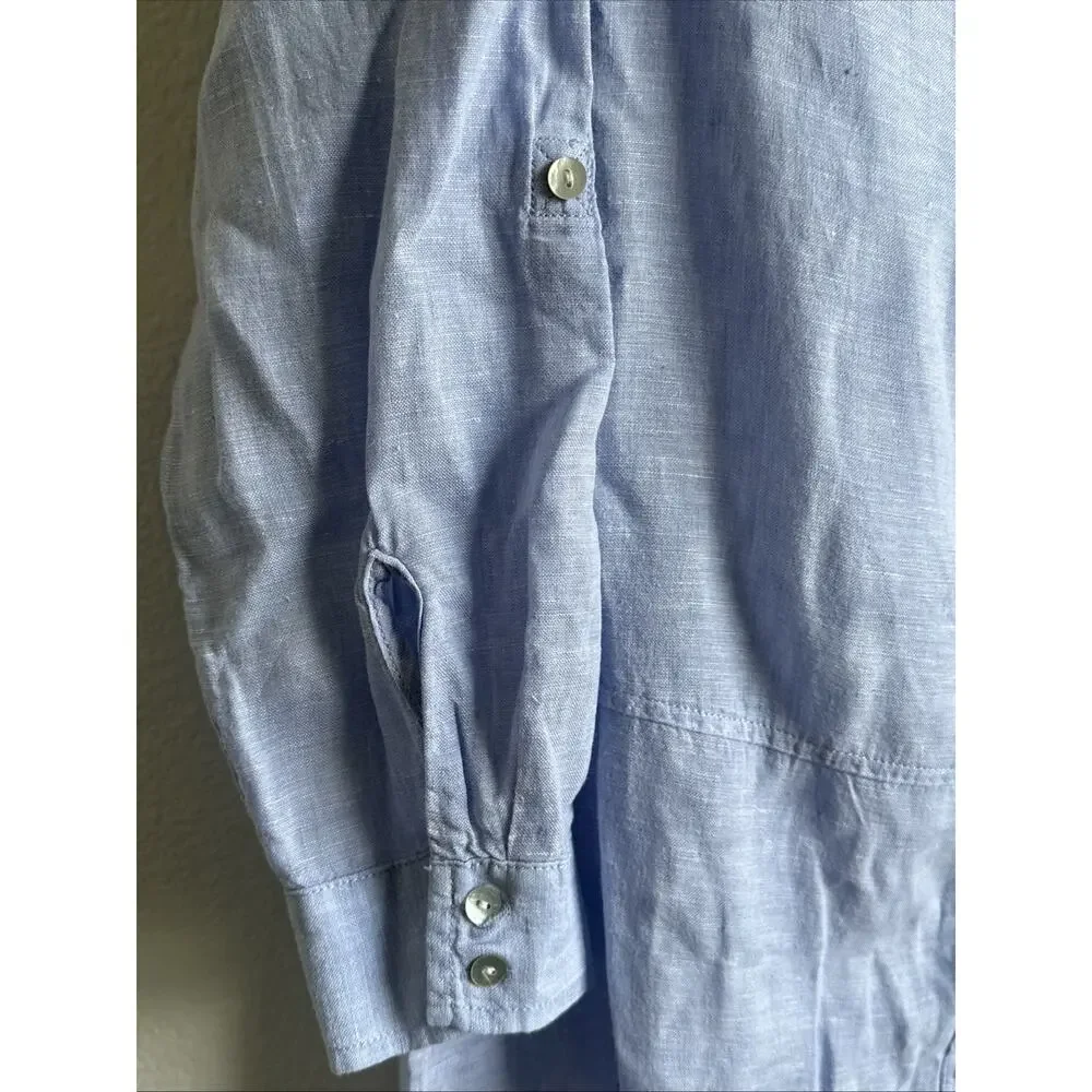 Tahari 100% Linen Tunic Women’s Sm Blue Chambray Roll-Tab Sleeve Button Up Top - Picture 3 of 7